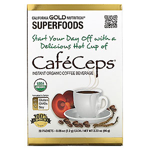 California Gold Nutrition（カリフォルニアゴールドニュートリション）, CafeCeps（カフェセップス）、冬虫夏草と霊芝キノコ粉末入りオーガニック認定インスタントコーヒー、30袋、各2.2g（0.08オンス） 