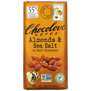 Chocolove（チョコラブ）, アーモンド＆海塩入りダークチョコレート、カカオ55％、90g（3.2オンス）