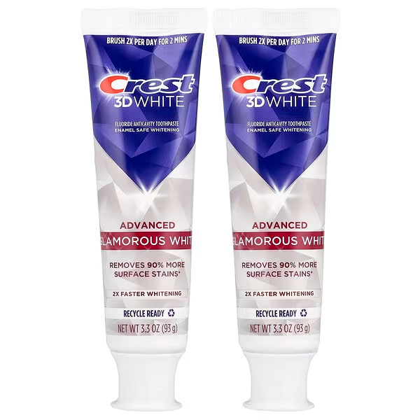 Crest, 3D White（3Dホワイト）、フッ素配合アンチキャビティ トゥースペースト、アドバンスト グラマラス ホワイト、2個セット、各93g（3.3オンス） 