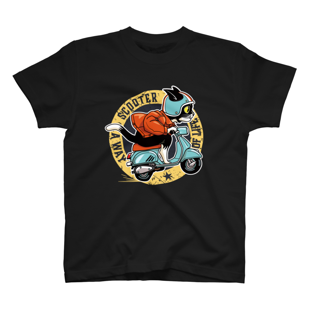 レトロバイクで風になる!スクーター猫エンブレム_黒(前面)